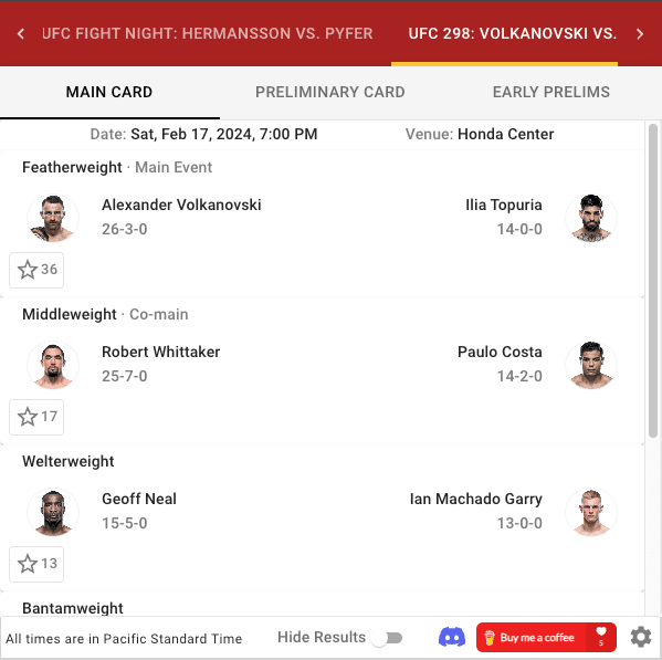UFC Calendar Extension Features